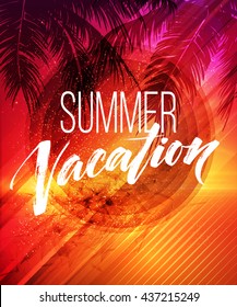 Summer vacation handwriting. Typography, lettering and calligraphy. Poster and flyer design template. Summer landscape with palm trees and sea. Vector illustration EPS10