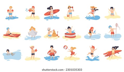 Summer vacation. Happy kids swimming and playing on beach cartoon vector Illustration