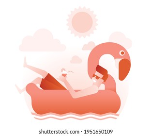 Summer vacation happy man drinking and celebration flamingo float swimming pool ring