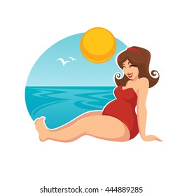 summer vacation for happy pregnant woman in cartoon style