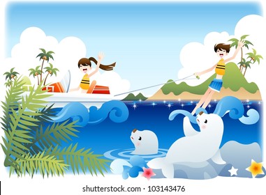 Summer Vacation and Happy Travel - enjoy extreme sports with cute smiling young female and male in beautiful tropical island resort on a background of blue sky and shiny water : vector illustration