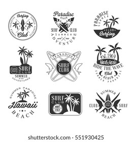 Summer Vacation In Hawaii Black And White Sign Design Templates With Text And Tools Silhouettes