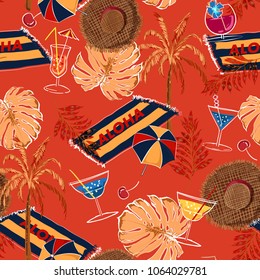 Summer vacation holiday colorful and bright color icons in hand drawn style for fashion fabric and all print seamless pattern vector on red   background