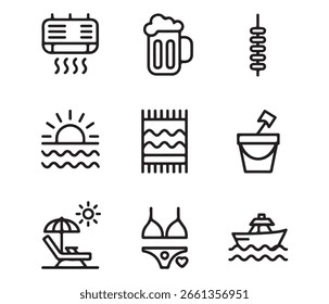 Sommerurlaub und Ferienelemente in einfachem Outline-Stil mit Strand Meer Essen und Entspannung Icons