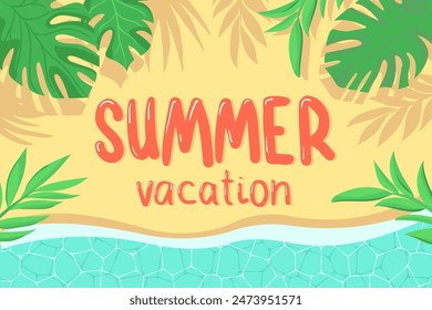 Summer vacation and holiday flat lettering with palm leaf and ocean coast. Vector illustration.