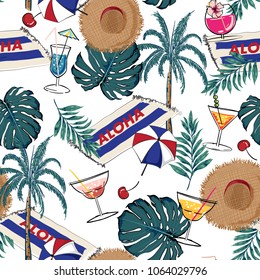 Summer vacation holiday icons in hand drawn style for fashion fabric and all print seamless pattern vector on white background