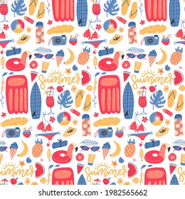 Summer vacation holiday icons seamless pattern. Bright beach relaxation elements. Vector flat hand drawn Illustration