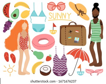 Summer vacation, holiday icons, set of hand drawn elements, vector illustration