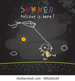 Summer vacation, holiday for kids at school vector illustration. Schoolgirl running with a kite. Chalk on blackboard sketch, doodle. 
