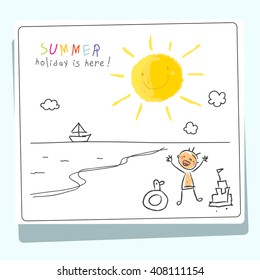 Summer vacation, holiday for kids at school vector illustration. Child tanning at sea. Sketch, doodle style. 