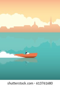 Summer vacation or holiday poster with elegant man in fast speedboat with Venice or other historical monument cityscape. Eps10 vector illustration.