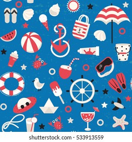 Summer vacation holiday seamless pattern with marine icons. Vector illustration.