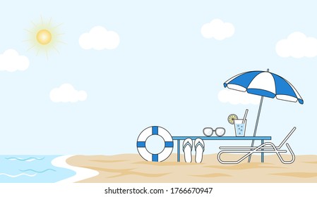 summer vacation: holiday season, relaxing time by the sea, editable stroke vector illustration