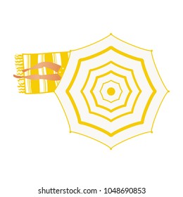 Summer vacation and holiday time element with top view of girl in yellow swimsuit lying on towel under beach umbrella isolated on white background. Vector illustration.