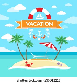 summer vacation holiday tropical ocean island with palm tree flat vector illustration