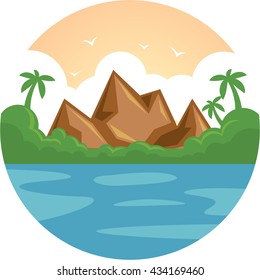 Summer Vacation Holiday Tropical Ocean Island With Palm Tree and Rock Flat Vector Illustration