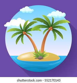 Summer Vacation Holiday Tropical Ocean Island With Palm Tree Flat Vector Illustration.