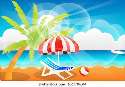 summer vacation holiday vector, umbrella , chair and ball put on beach, with palm tree, blue sea and blue sky cloudy background, sun ray flare in clear day, hot summer, vector art and illustration.