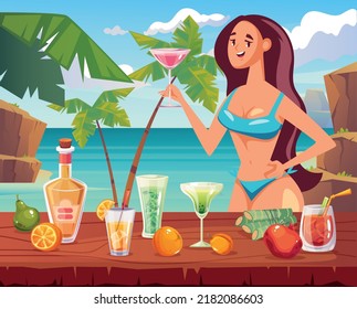Summer vacation holidays beach sea cocktail party composition concept. Vector cartoon design element illustration
