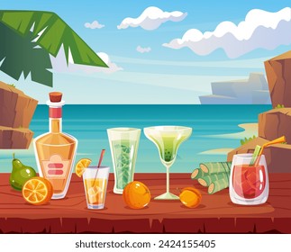 Summer vacation holidays beach sea cocktail party composition concept. Vector cartoon design element illustration