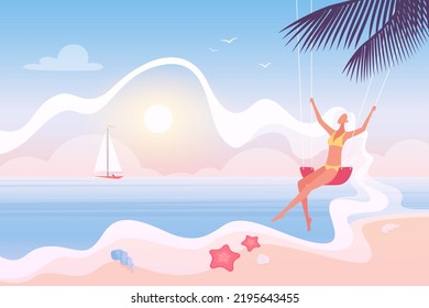 Las vacaciones de verano y las vacaciones en el mar o la costa oceánica ilustran vectores. Joven caricaturista sentada sobre columpios en playa tropical, niña balanceándose sobre olas de mar y fondo de arena. Sueño, libertad