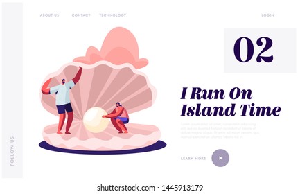 Summer Vacation, Holidays, Trip, Website Landing Page, Happy Couple of Tourists Man and Woman Stand at Huge Seashell with Beautiful Pearl, Adventure Web Page. Cartoon Flat Vector Illustration, Banner