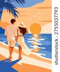 Summer vacation. Honeymoon. Bright vector illustration of a romantic couple walking beach at sunset. Palm trees, seagulls, ocean. For travel content, brochures, hotels, vacations, tourism advertising