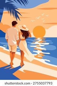 Summer vacation. Honeymoon. Bright vector illustration of a romantic couple walking beach at sunset. Palm trees, seagulls, ocean. For travel content, brochures, hotels, vacations, tourism advertising