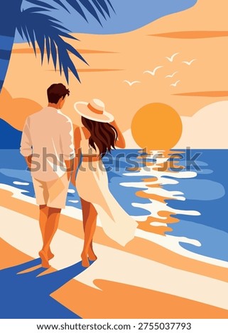 Summer vacation. Honeymoon. Bright vector illustration of a romantic couple walking beach at sunset. Palm trees, seagulls, ocean. For travel content, brochures, hotels, vacations, tourism advertising