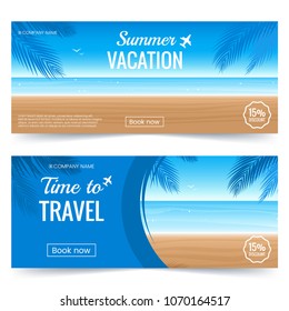 Summer vacation horizontal banner. Colorful Background with beach, palm leaves and sea. Travel offer template. Coupon with summer decoration. Vector eps 10.