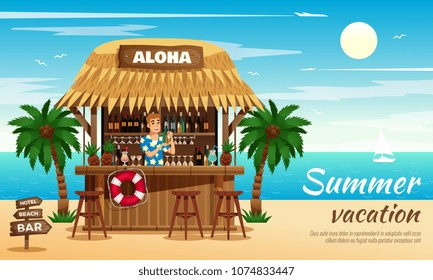 Summer vacation horizontal vector illustration with bartender preparing cocktails in tropical bungalow bar on ocean coast