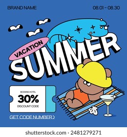 A summer vacation hotel discount advertisement featuring a cute illustration of a teddy bear tanning with blue and pink waves