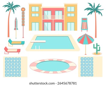 Summer vacation hotel poolside scene vector set. Flat cartoon illustrations. Palm trees, colorful motel building, parasol, lounger chairs, swimming pool isolated on white for tropical tourism design