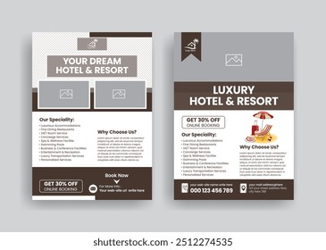 Summer Vacation Hotel, Resort, travel tourism print ready flyer or poster, online hotel room booking flyer or poster template 