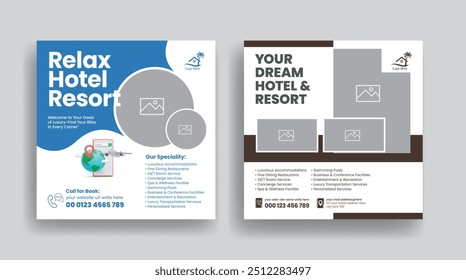 Summer Vacation Hotel, Resort, travel tourism social media post, banner, ads template and hospitality service social media posts banner template design