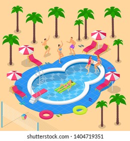 Summer vacation in hotel resort. Vector 3d isometric illustration. Summer pool party design elements. Happy young friends have a fun by the swimming pool.