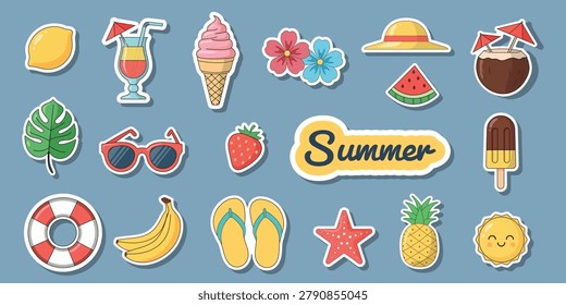 Summer vacation icon collection featuring tropical fruits beach accessories drinks sunshine and seasonal travel elements in colorful sticker style