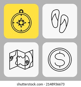 summer vacation icon.  sandals, compass, map, coins