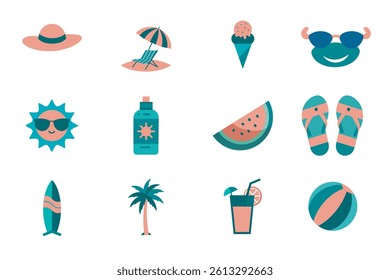 Summer Vacation Icon Set Beach, Sun, Drinks, and More - Perfect for Travel Websites and Apps Vector Design	
