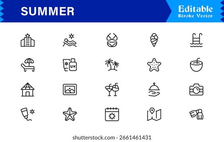 Conjunto de iconos de vacaciones de verano: iconos vectoriales brillantes, coloridos y modernos para Diseños de temporada y proyectos soleados