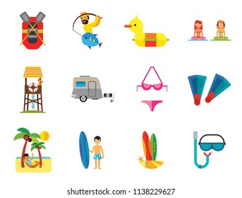 Summer Vacation Icon Set. Caravan Man Drinking Cocktail Rubber Duck Diving Mask And Snorkel Rubber Boat Swimming Father And Child Lifeguard Tower Fishing Man With Surfboard Bikini Flippers Meditation