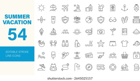 Sommerurlaub-Icon-Set. Enthaltend Urlaub, Reisen, Strand, Surfen, Hotel, Tourismus, Landschaft, Kamera, Pass, Eis und mehr. Bearbeitbare Liniensymbole. Vektorgrafik.
