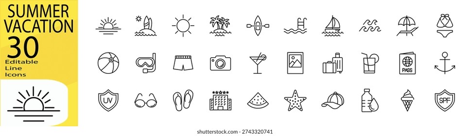 Summer Vacation icon set. Editable stroke.