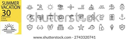 Summer Vacation icon set. Editable stroke.