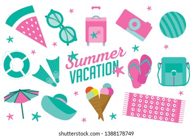 Summer vacation icon set in flat cartoon style