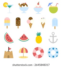 Summer vacation icon set. Flat color style