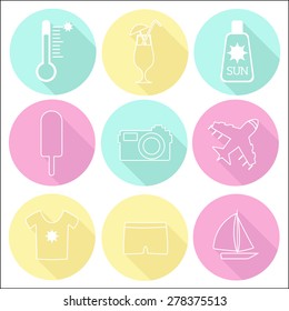 Summer vacation icon set, flat design with long shadows