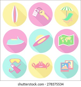 Summer vacation icon set, flat design with long shadows