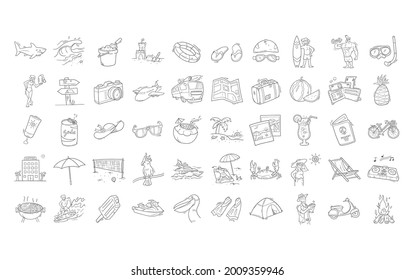 Summer vacation icon set. Hand drawn illustration. Contains icons such as beach, wave, cockatoo, surfing, bbq, hotel and more.