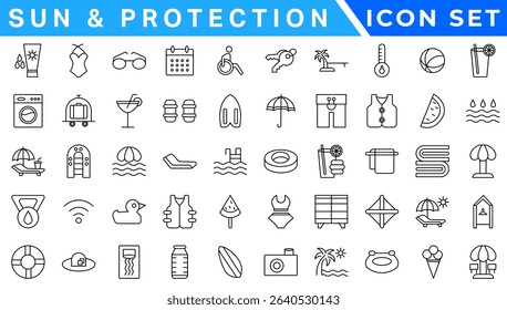 Summer Vacation icon set. Holiday related icons: travel, beach, surfing, hotel, tourism, landscape, camera, passport, ice cream and more. Editable line icons. Vector illustration. 
